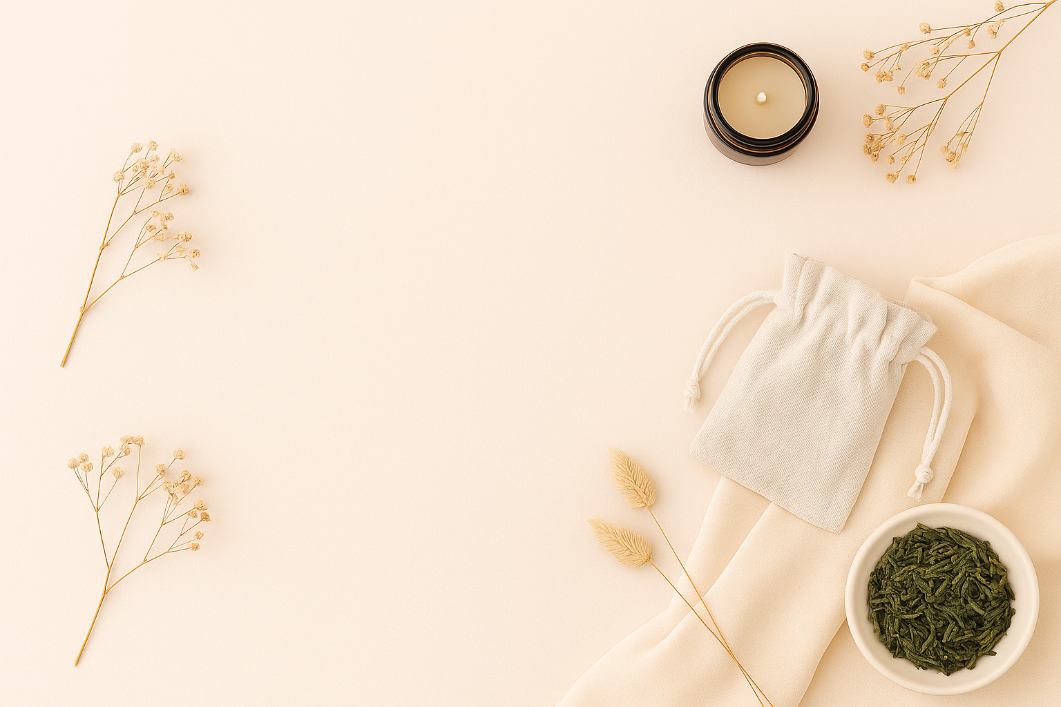 Fond clair contenant certains articles des box émotions (thé, bougie, sac de lin, tissu).